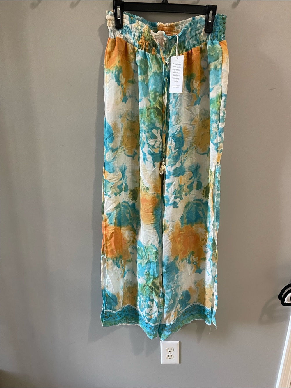 Shore life cover up pants blue and yellow watercolor look with Drawstring waist